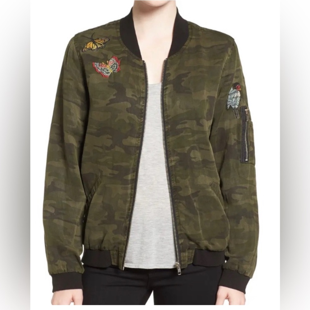 GUC Sanctuary Camouflage Bomber Jacket Embroidered Butterflies Birds Size Large